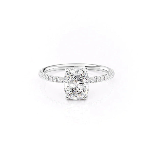 The Low Profile Kamellie Set  With A 1.5 Carat E. Cushion 14K White Gold Pave Moissanite