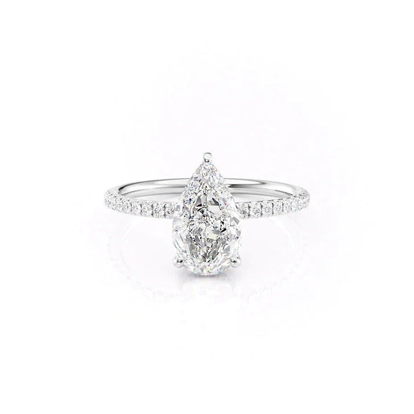 The Low Profile Kamellie Set  With A 1.5 Carat Pear 18K White Gold Solitaire Moissanite